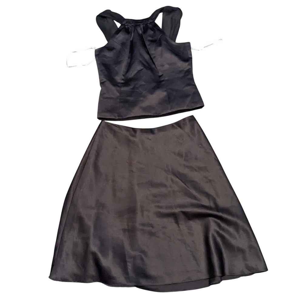 David's Bridal Black Satin 2 Piece Set Halter Crop Top A-Line Skirt Size 10‎